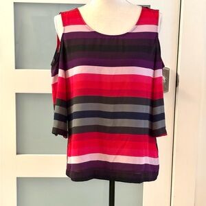 New York & Company Multicolor Striped Cold-Shoulder Top